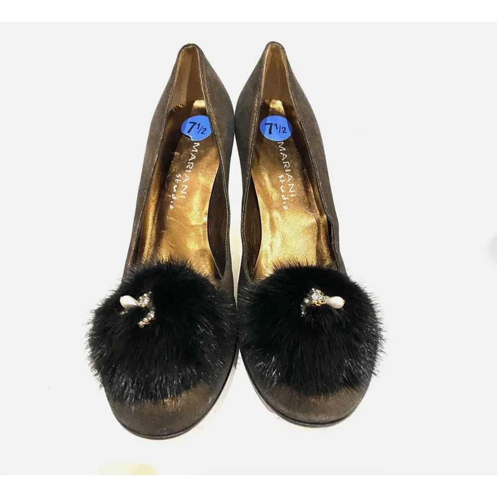 Mariani Studio Bronze Metallic Pumps Womens 7.5 Mink Fur Pom Accent Heels Shoes